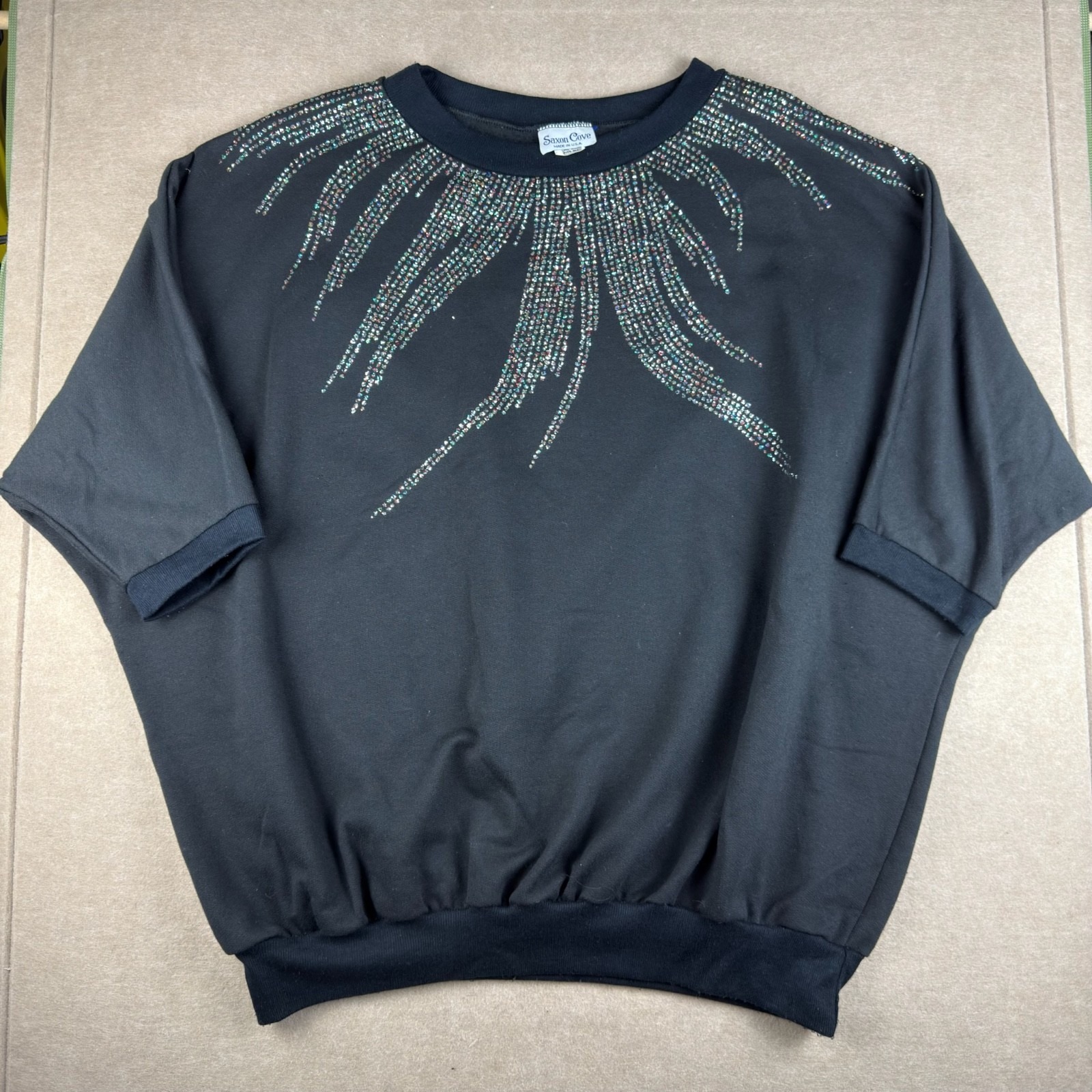 Vintage Saxon Cove Womens Top Black Sequin Rhinestone Usa Made One Size
